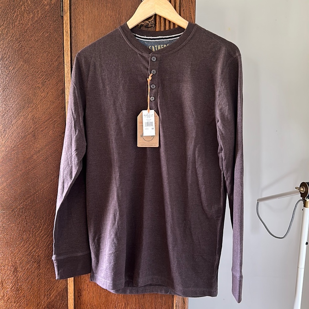 Mens NEW Weatherproof Vintage Henley Long Sleeve Brown - Picture 2 of 5